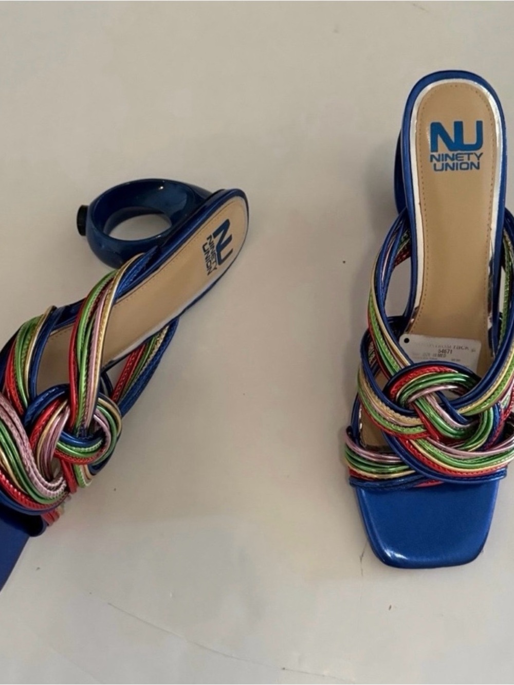 Ninety Union Blue Multicolor Elegant Strappy Knot Heel Slides Sandals